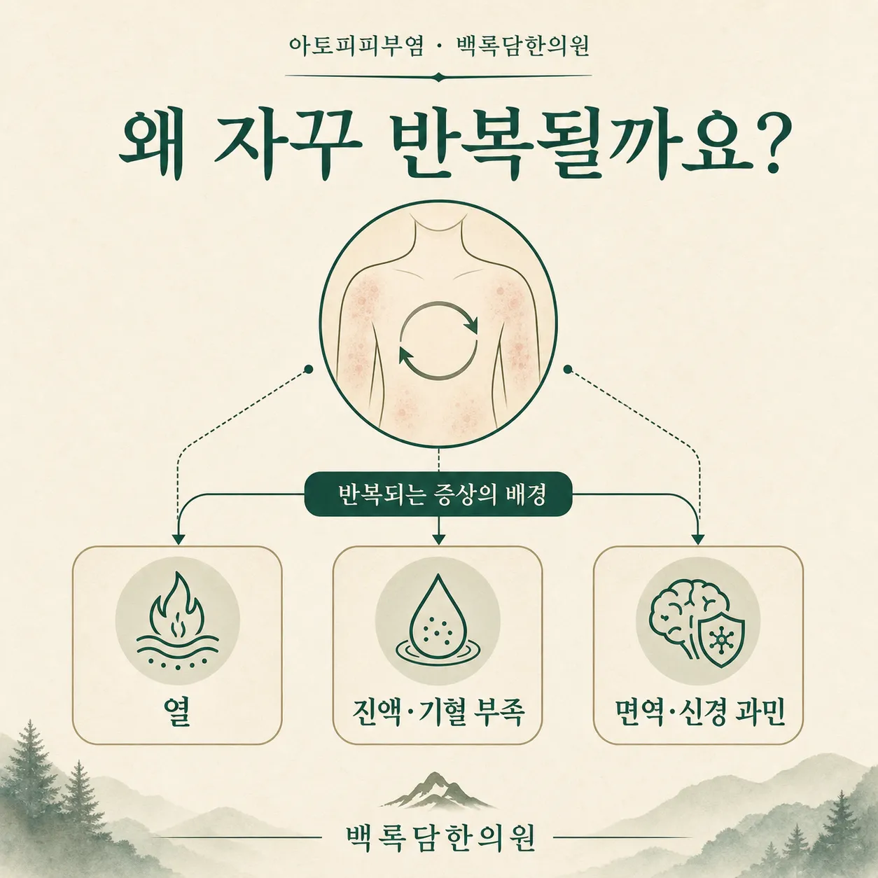 아토피피부염의 겉 증상과 몸속 조건을 연결한 한의학 관점 개념도